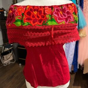 Embroidered Off-Shoulder Red Top